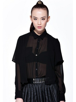 frontrow 黑色雪纺衬衫 (女款) - 蕾丝衫\/雪纺衫\/女