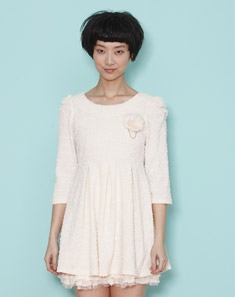 【新款】米白色优雅大方珠片七分袖连衣裙 - 连