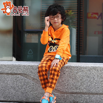 8号熊 春秋男女童韩版格子运动休闲套装 橙色