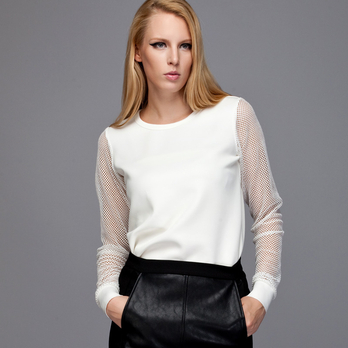 Fro<em></em>ntRowShop 网眼拼接前短后长长袖<em>上衣</em> <em>女</em>秋