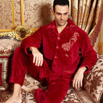 致刺绣龙纹情侣睡衣套装女士男士红色<em>本命年</em>家