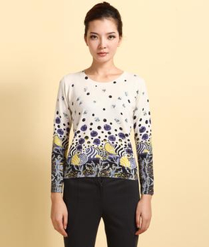 珍贝桑蚕丝羊毛混纺圆领贝壳印花女衫 - 毛衣\/