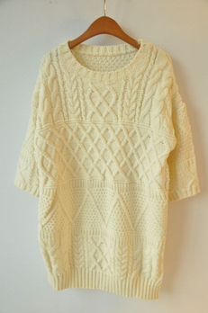 韩版菱格麻花长款7分袖<em>毛衣</em> 粗<em>针手织</em>花纹宽松