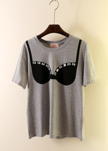 2013春装新款韩版大胆<em>内衣图案</em>印花钉珠 短袖