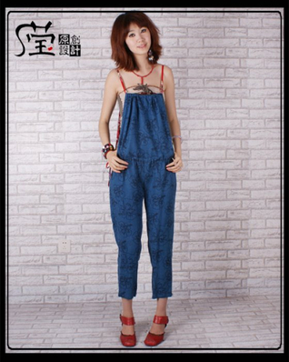 原创设计●盛夏休闲纯棉绸小脚裤九分裤<em>背带</em>裤