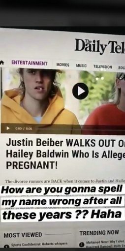 比伯浏览记录中出现赛琳娜视频?回应:幻想该结