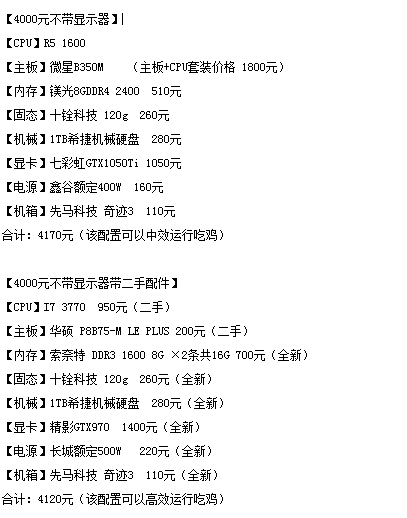 组装机配置清单,能玩吃鸡和lol,2500到4000区间