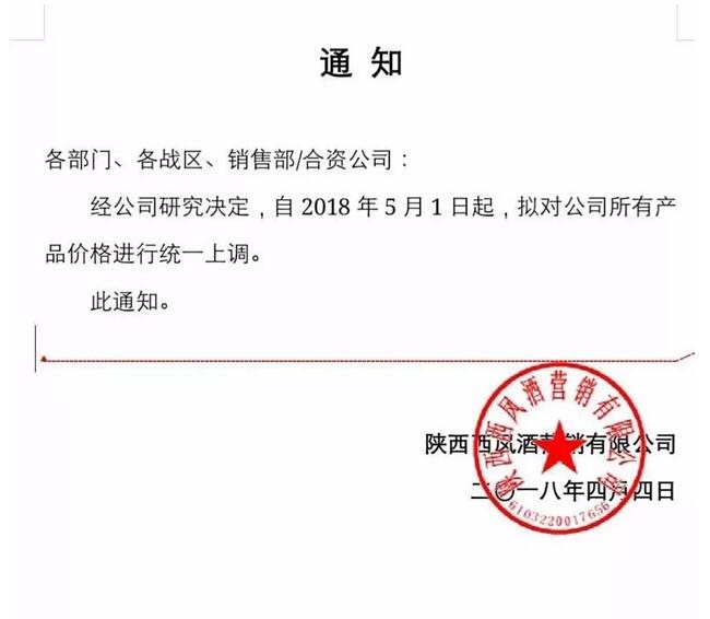 关于陕西西凤酒调价的通知