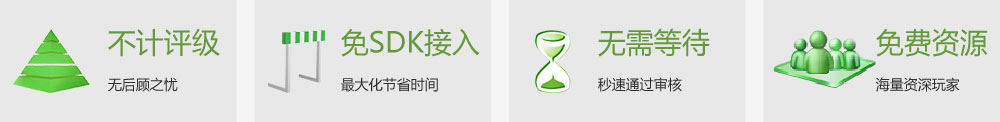 1.不计评级，无后顾之忧。 2.免SDK接入，最大化节省时间。3.无需等待，秒速通过审核。4.免费资源，海量资深玩家