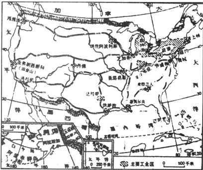 读美国工业区和主要城市分布图,回答: (1)从图