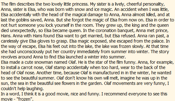 帮忙写一篇冰雪奇缘的英语观后感80词就够了