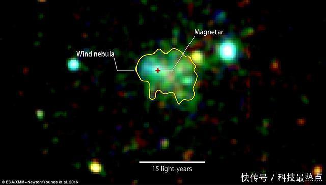 这颗超强磁性中子星的周围存在壮观的风星云，天文学家表示很罕见