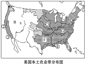 如图是美国本土农业带分布图,读图完成22~25