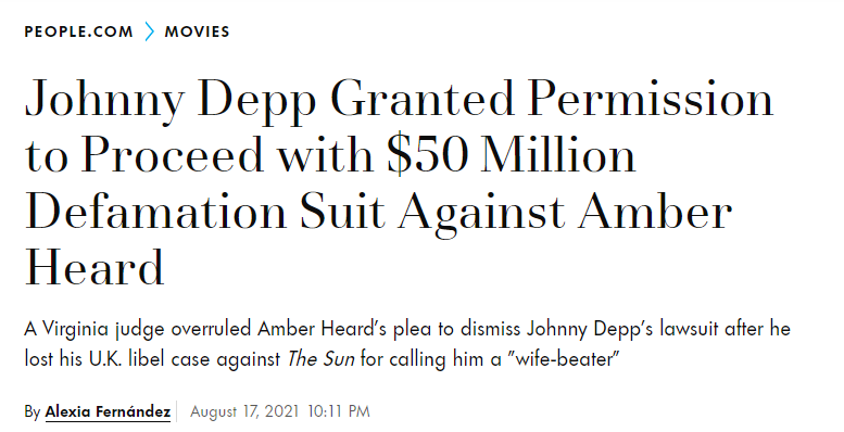 约翰尼·德普获批继续起诉前妻 索赔5000万美元