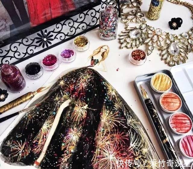 美丽女孩用指甲油画高定礼服裙, 本来闹着玩, 居