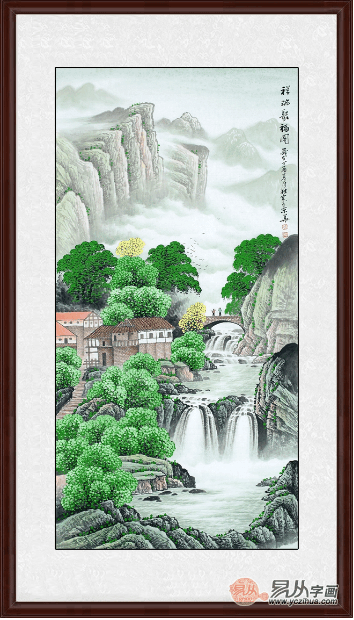 玄关最好的风水装饰画莫过于选择流水生财的山水画了,山水画清新秀美