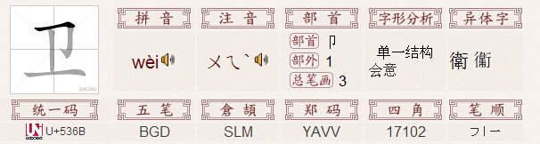 汉字:卫  繁体字:卫衞 拼音:wèi  注音:ㄨㄟˋ 部首:卩  部首笔画:2