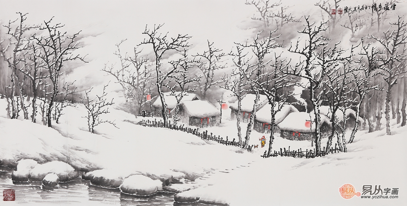 吴大恺精心力作国画雪景山水画《雪蕴乡情》图片