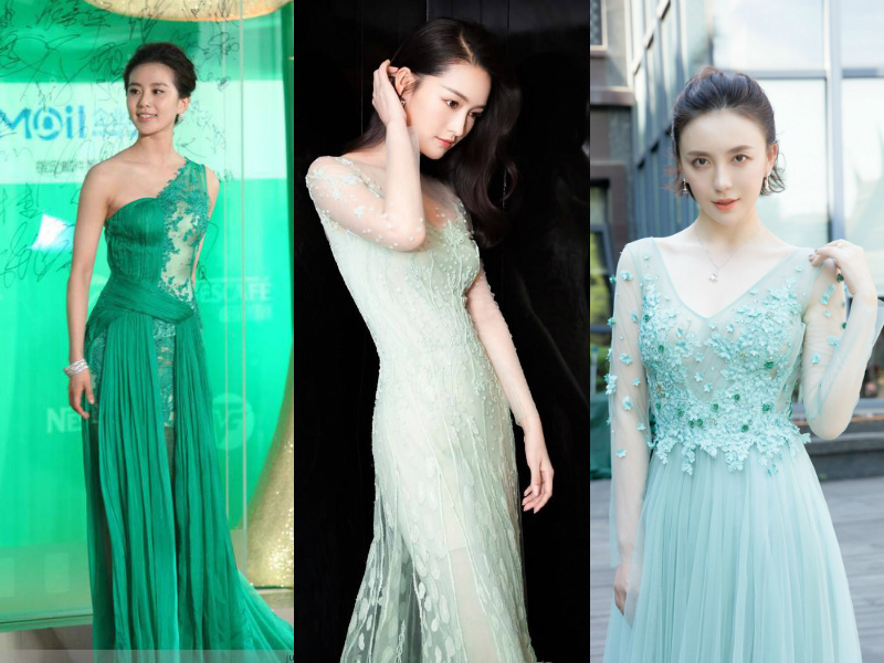 三位身穿绿色礼服的女星 刘诗诗仙气李沁邻家吕佳容甜心