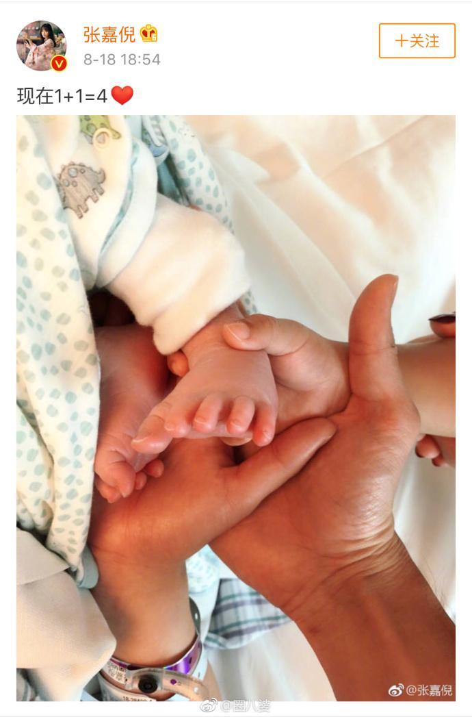 昨日张嘉倪通过微博宣布自己生下二胎的消息,并配上一家四口的牵手照