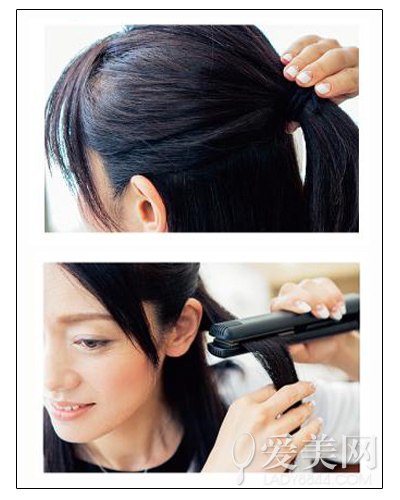 将下层的头发从中段开始用直发夹夹直