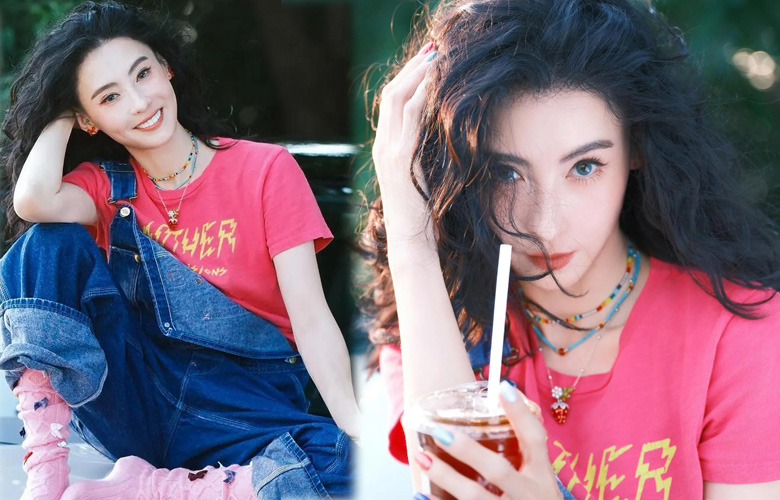 45岁张柏芝车顶拍大片！粉袜羊毛卷美出圈